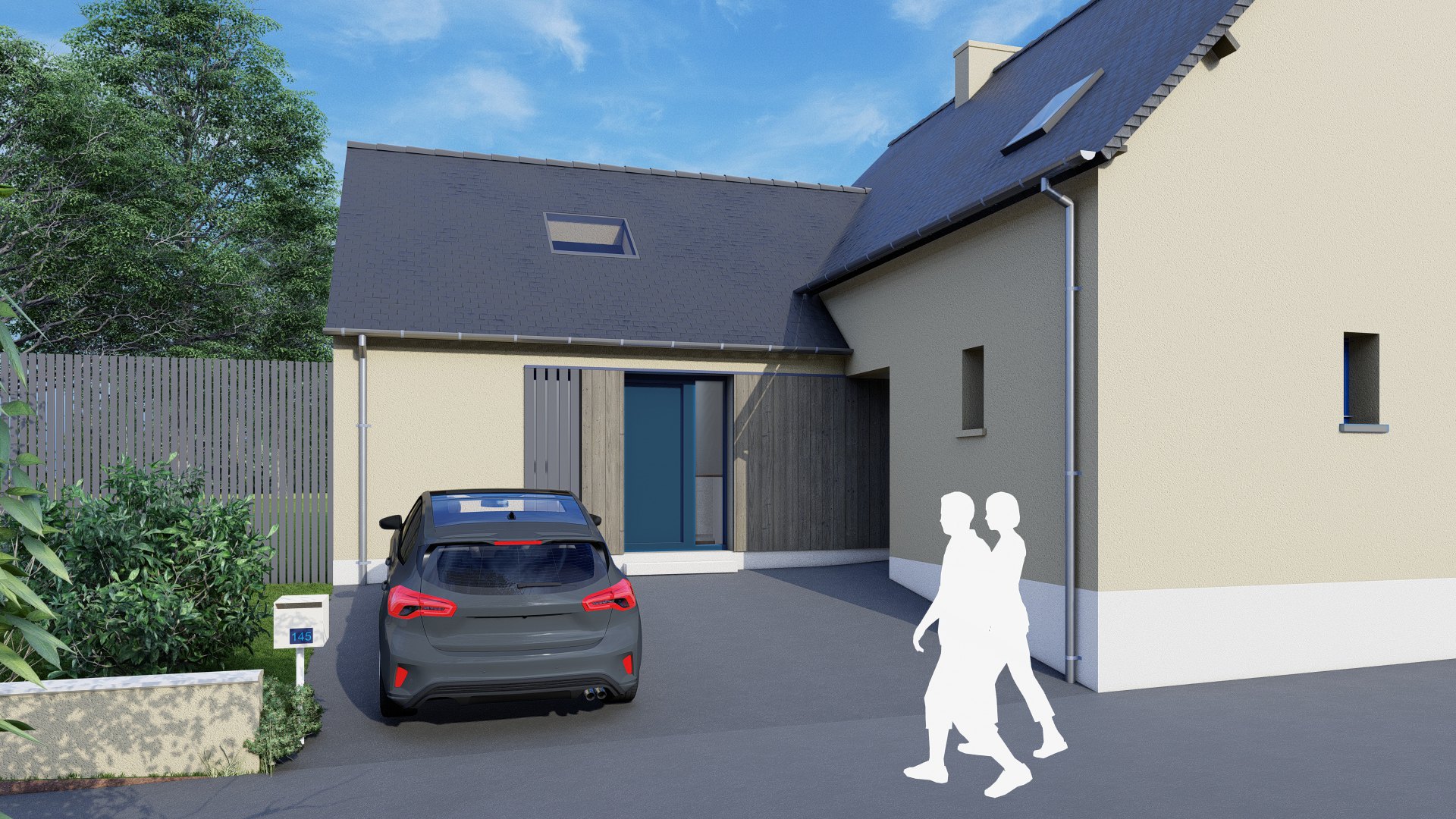 Façade d'une maison neuve, perspective