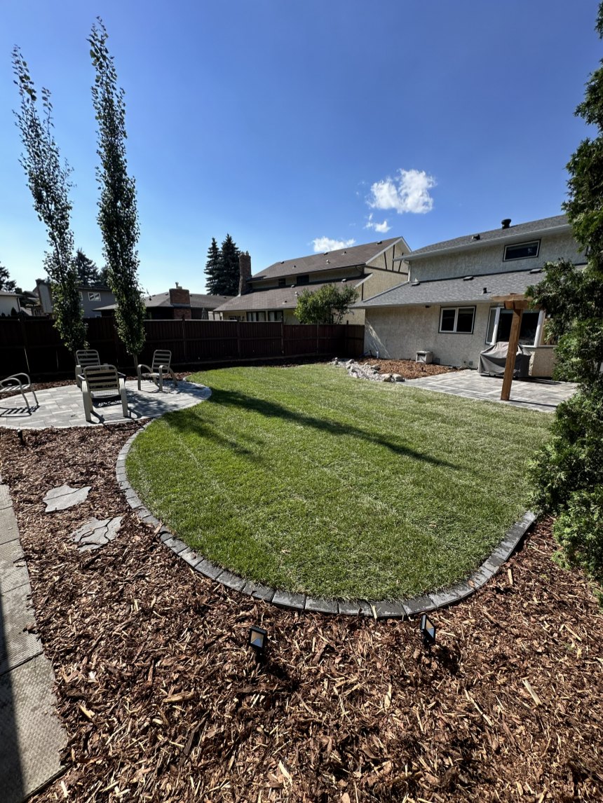 Pelouse paysagère avec bordures et terrasse